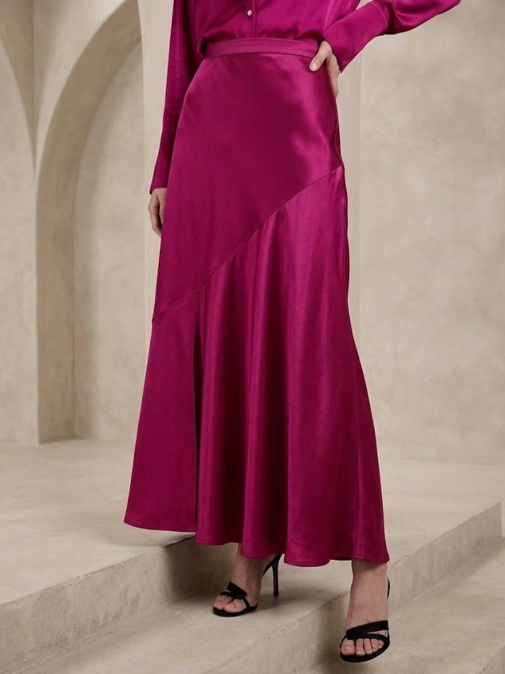 NWT Banana Republic Bliss Silk Maxi in Camu Berry Bias-Cut Skirt L